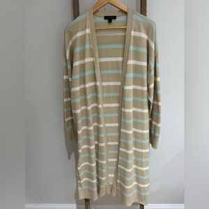 Ann Taylor Cardigan Open Front Long Cream White Blue Women’s Size XL